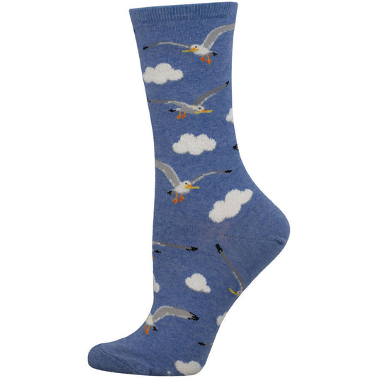 Women's Cotton Crew Socks - Seagull Print - Blue - Socksmith