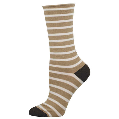 Beige and white striped sock with black toe
