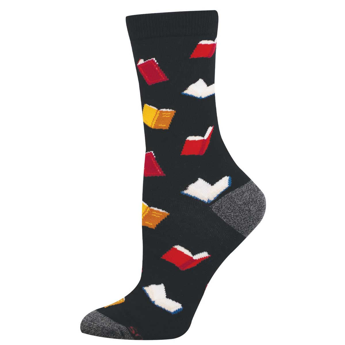 Black sock with colorful book designs 