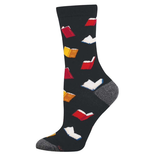 Black sock with colorful book designs 