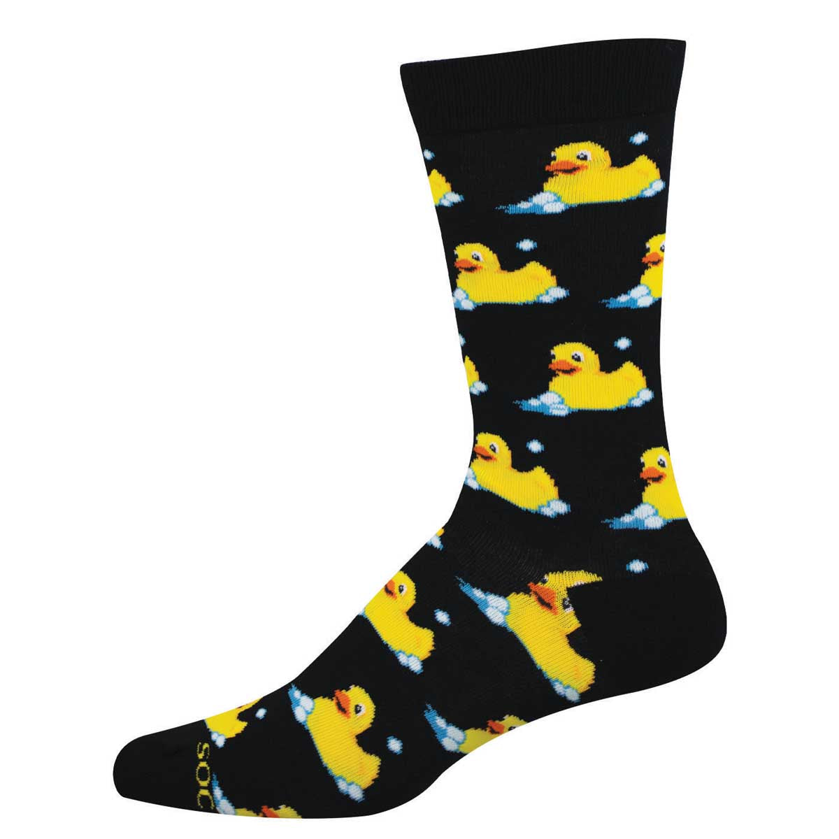 Black sock with a yellow rubber duck pattern
