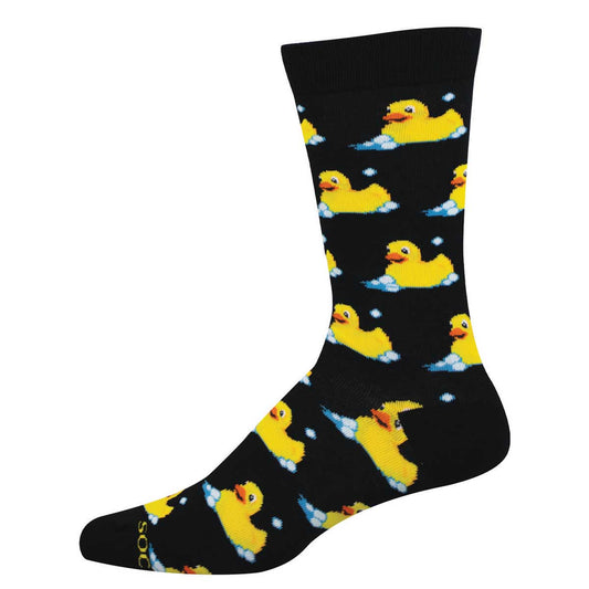 Black sock with a yellow rubber duck pattern
