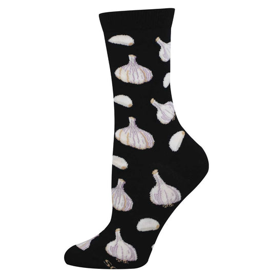Black sock with a white garlic bulb pattern