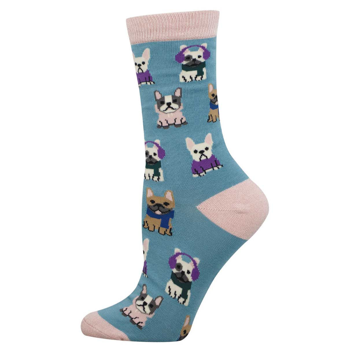 Sock with Frenchie dogs dressed for the cold on a blue background