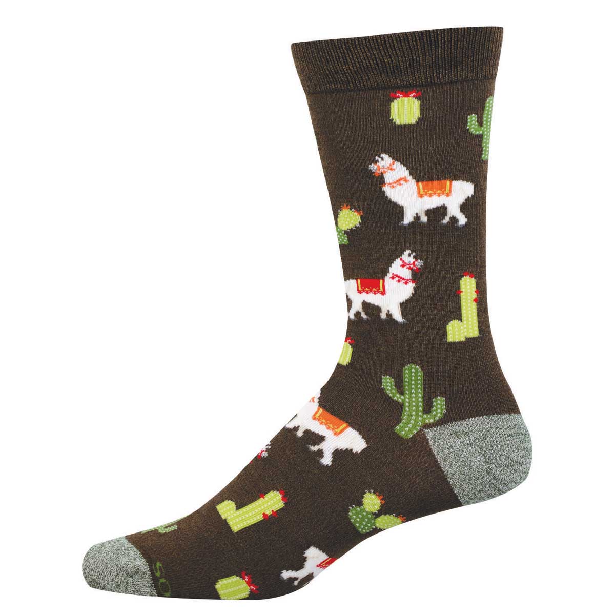 Sock with llama and cactus pattern on a brown background