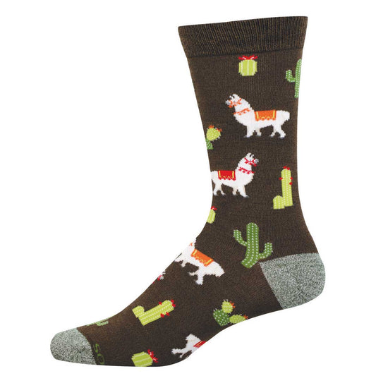 Sock with llama and cactus pattern on a brown background