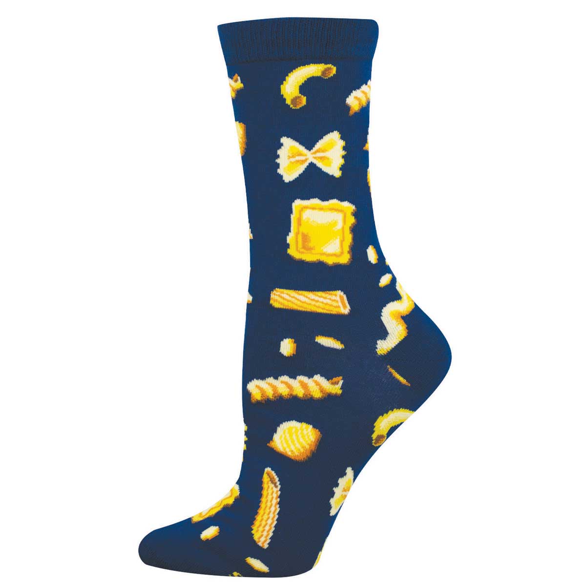 Navy blue sock with yellow pasta pattern