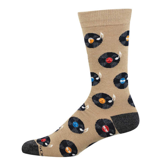Beige sock with a vinyl record and musical note pattern