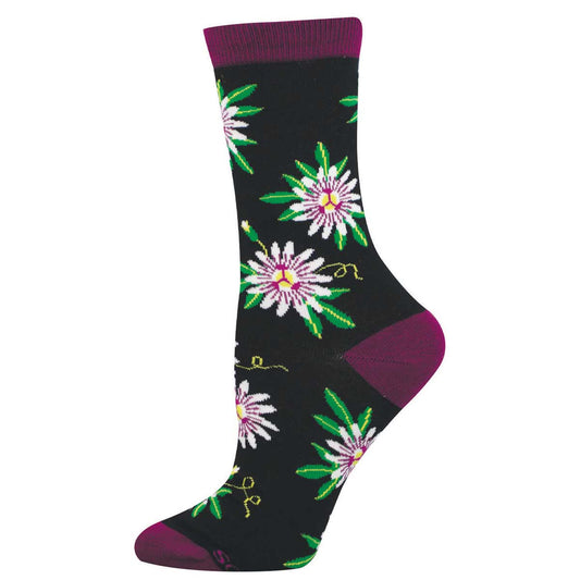Black crew sock with a passionfruit floral design