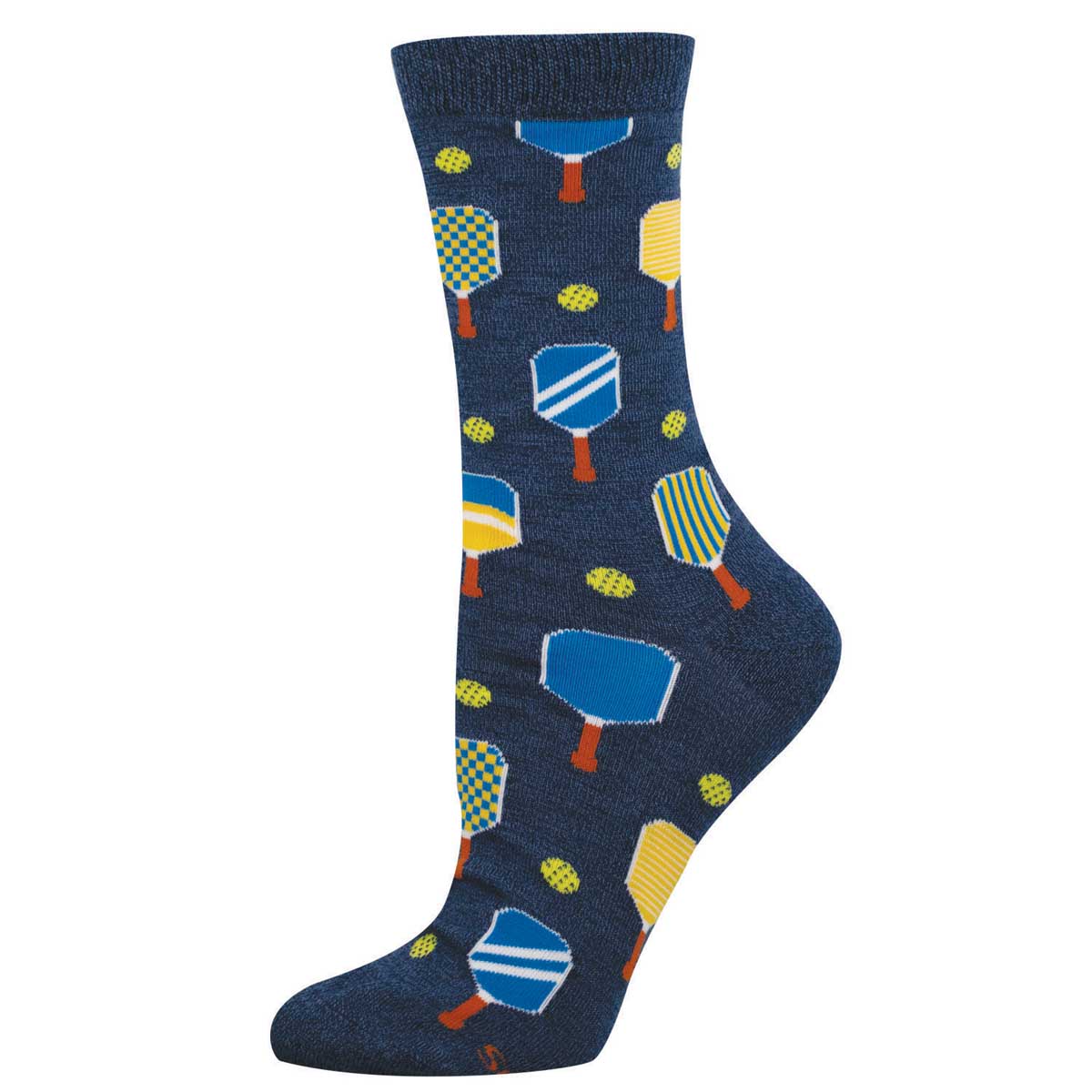 Blue sock with a colorful pickleball paddle and ball pattern