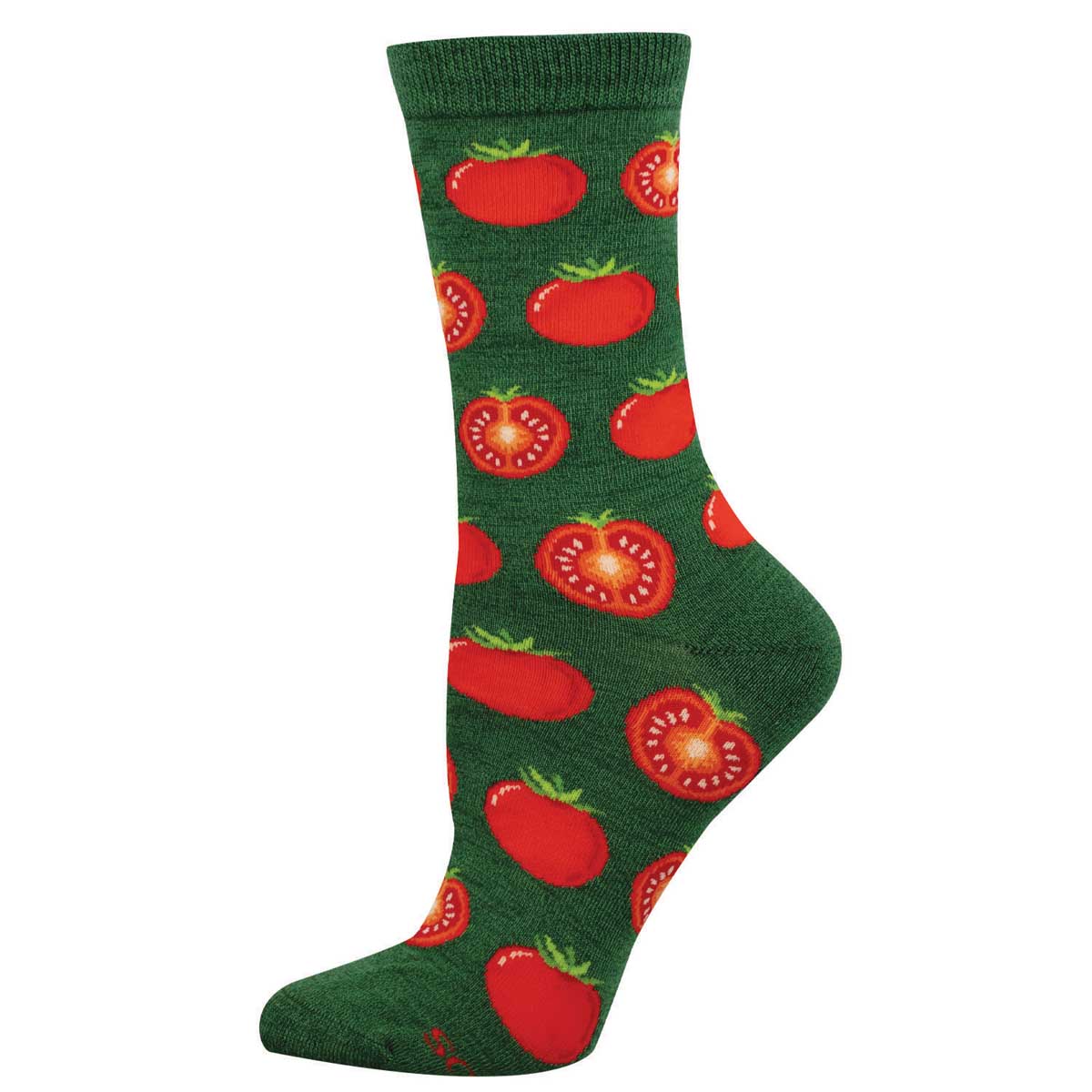 Green sock with red tomato pattern