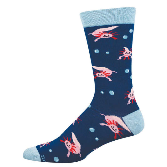 Blue sock with pink axolotl pattern on a ocean-like background