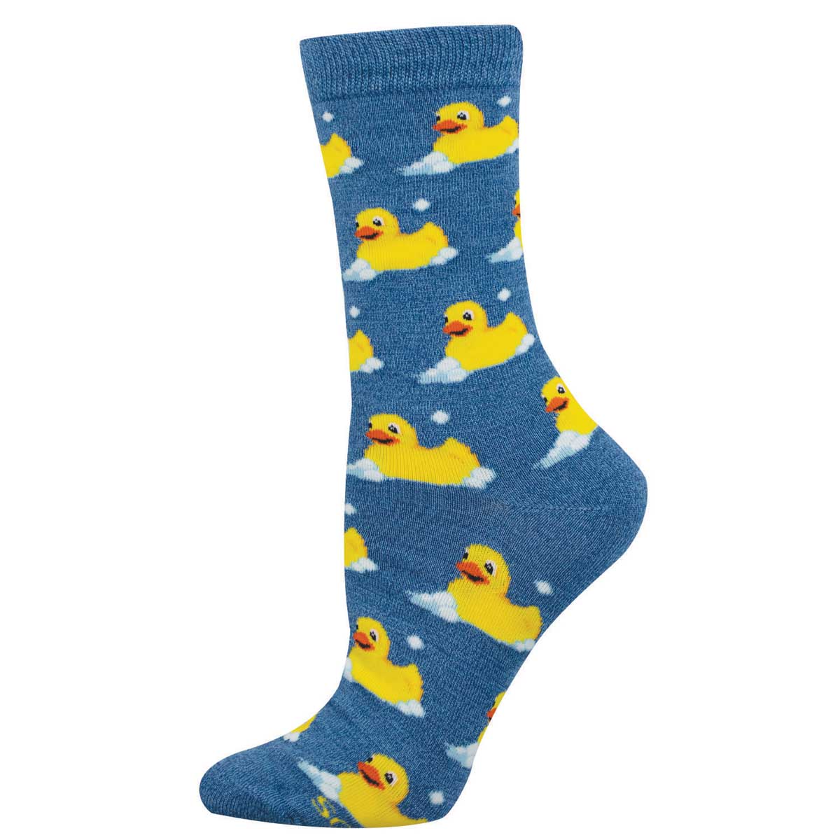 Blue sock with a yellow rubber duck and bubbles pattern