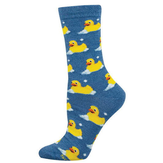Blue sock with a yellow rubber duck and bubbles pattern