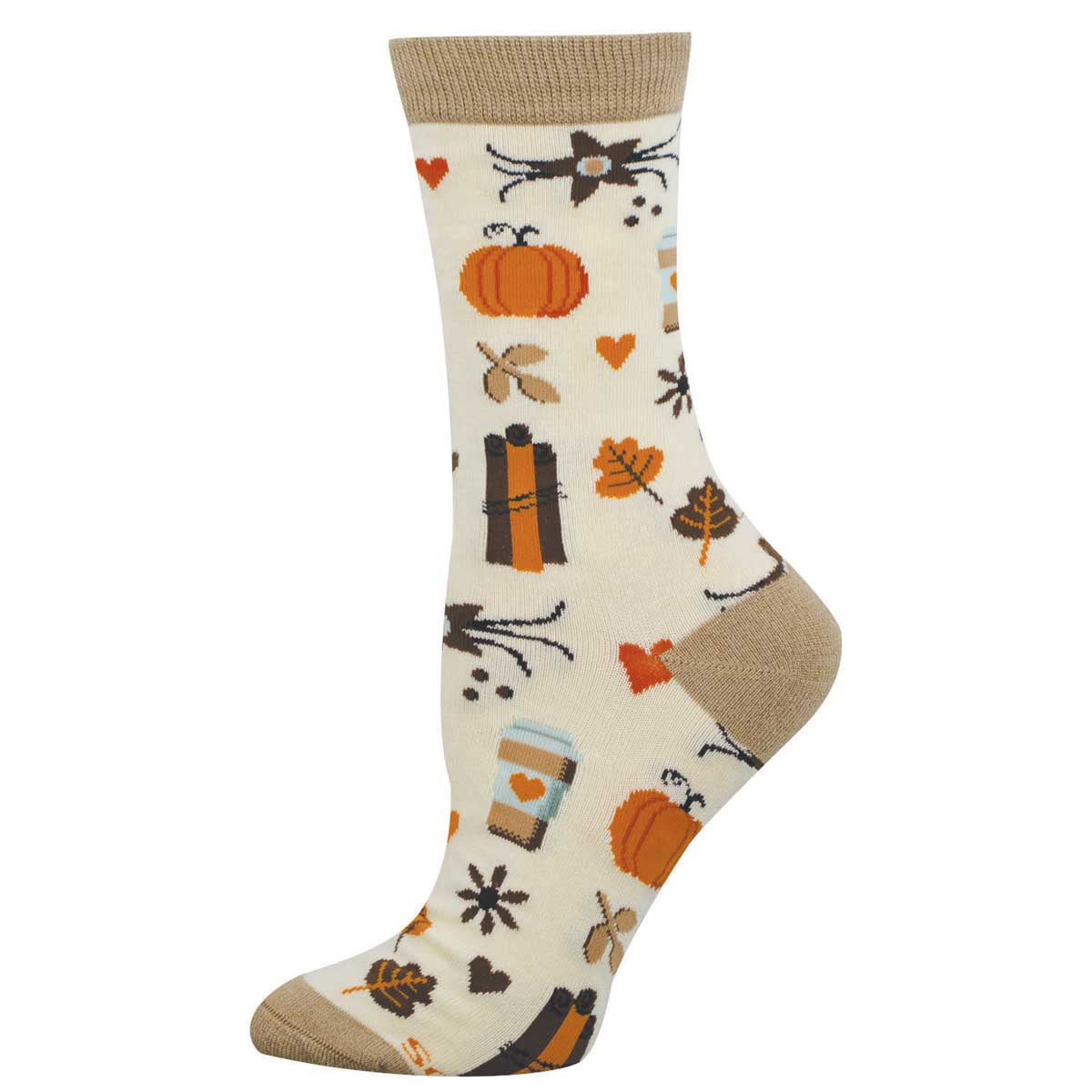 Sock with autumn-themed design on an ivory background