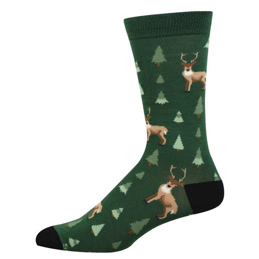 Green sock with deer and pine tree pattern