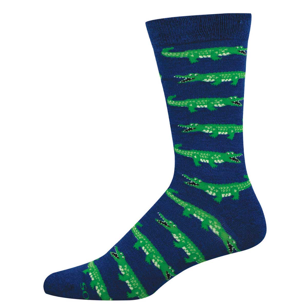 Blue sock with a green alligator pattern