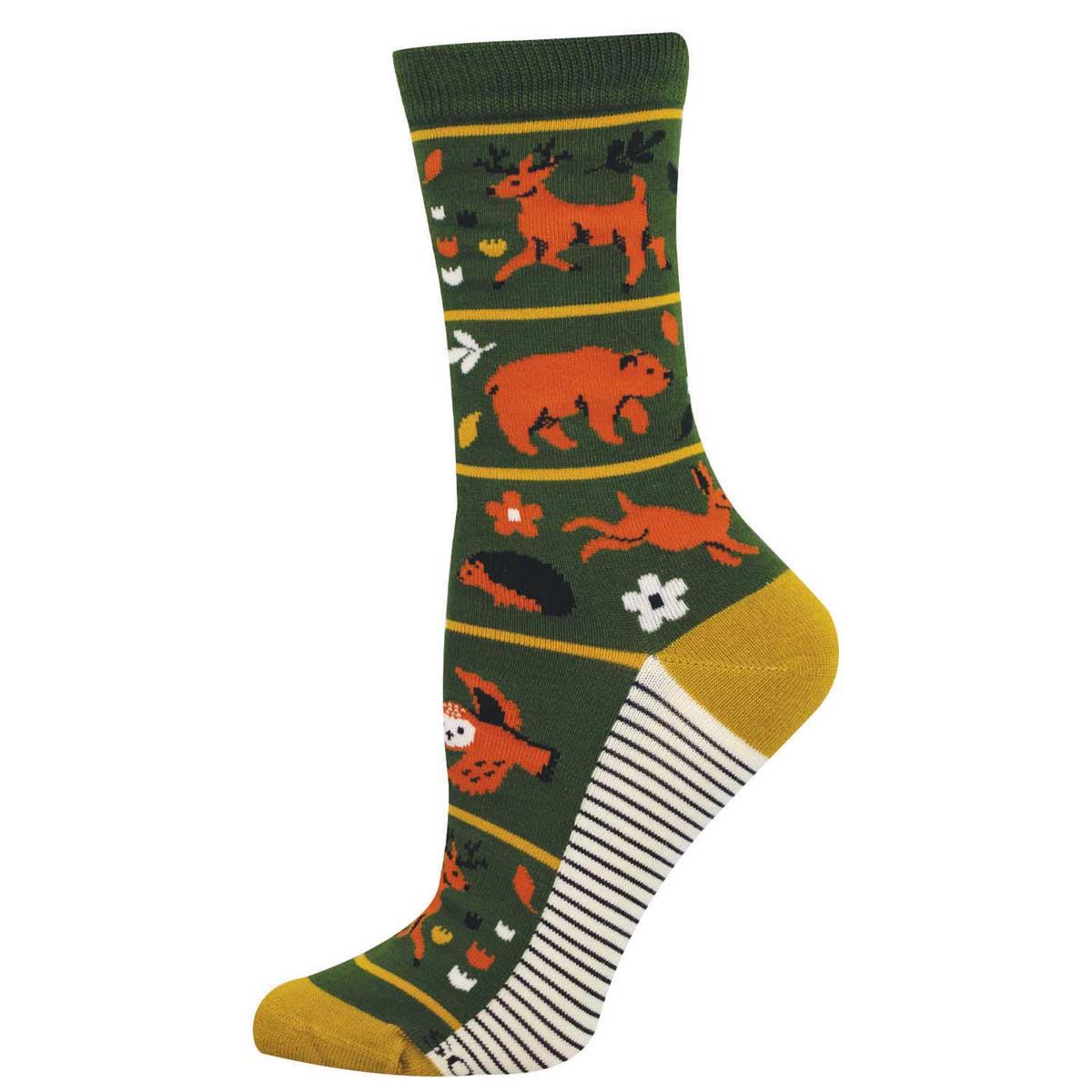 Colorful green and gold sock with a foresty animal pattern 