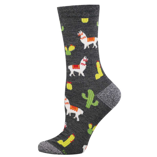Gray sock with llama and cactus pattern