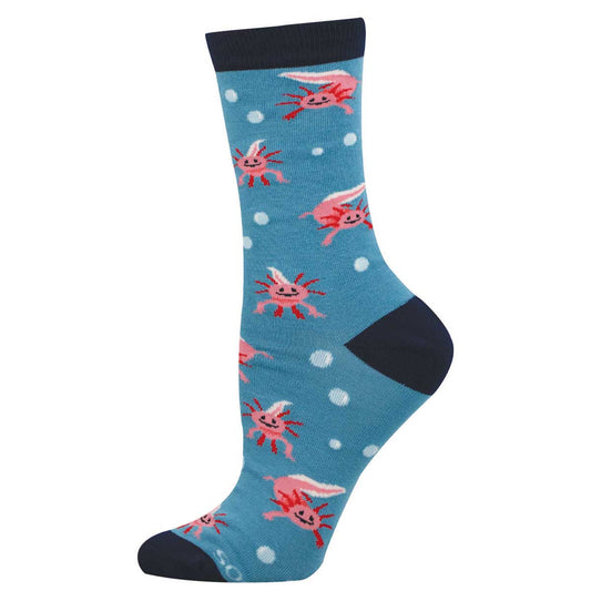 Blue sock with a pink axolotl pattern