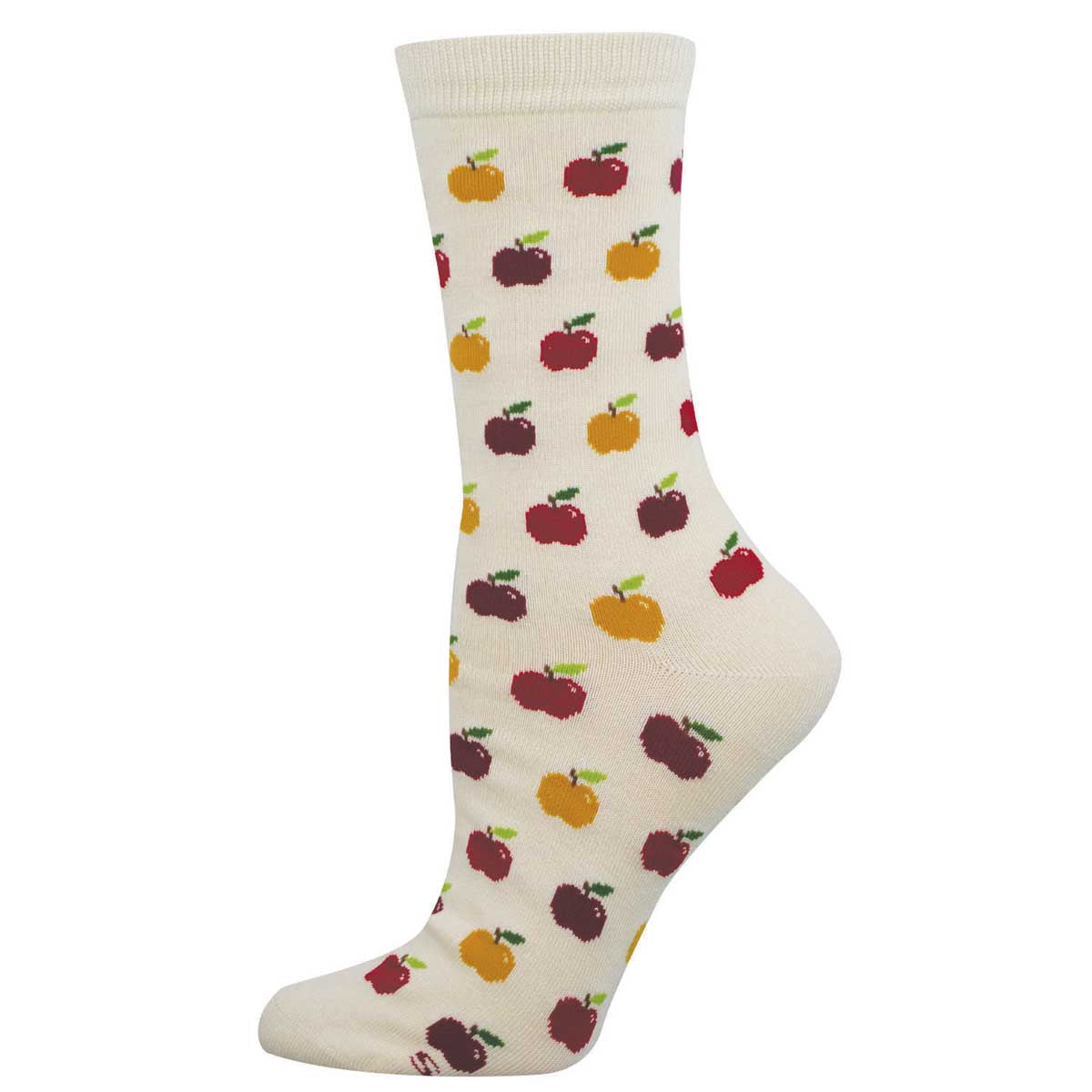 An ivory sock with colorful apple pattern throughout