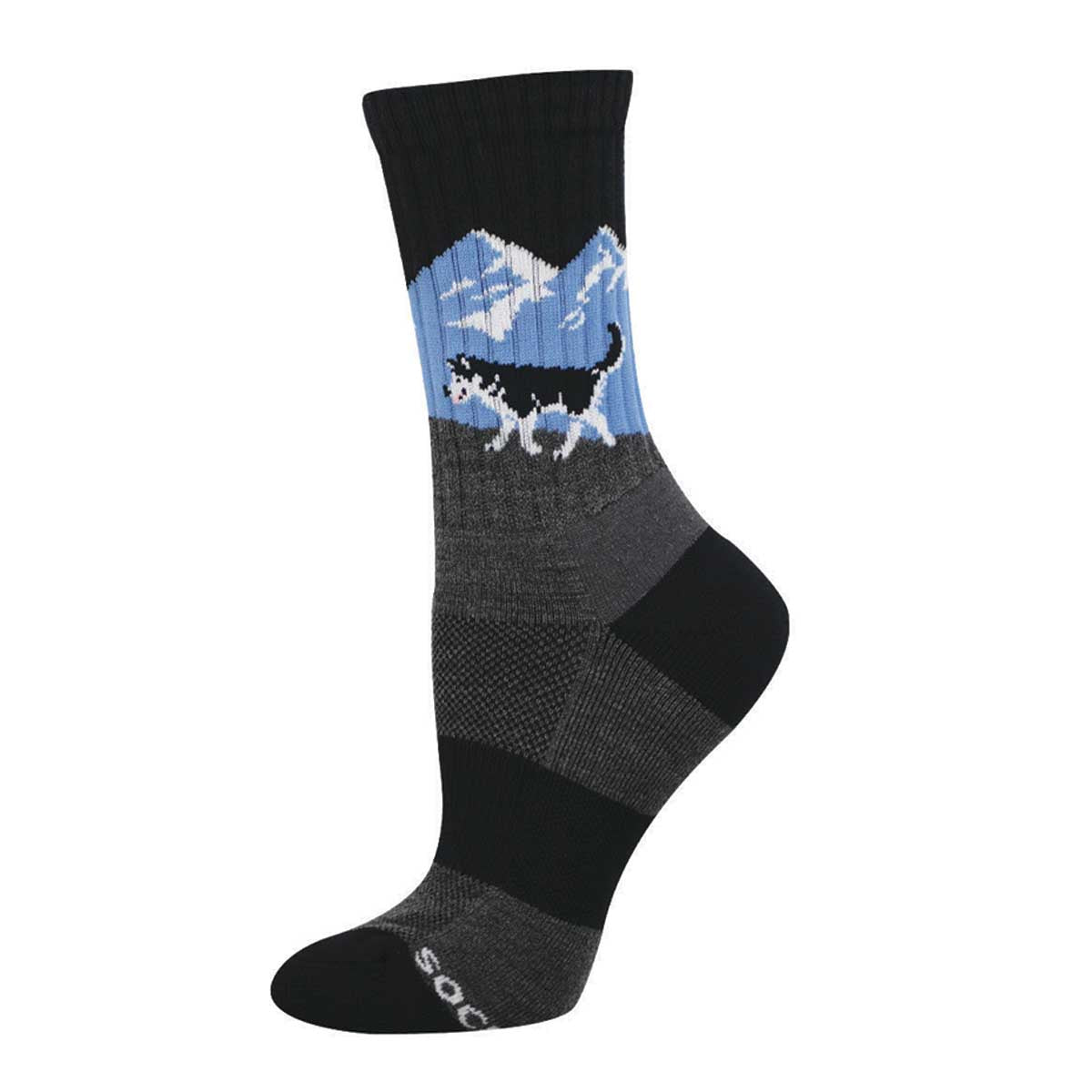 Sock with a design of a husky and mountains on a charcoal and black background