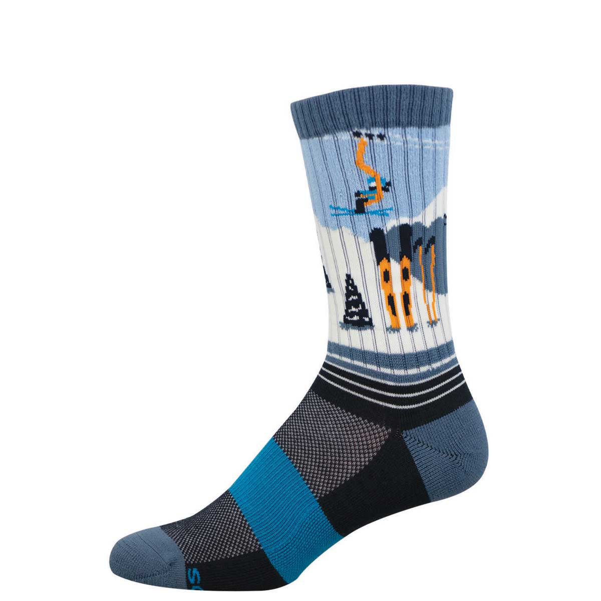 Colorful sock with mountain and skier design on a white and gray background
