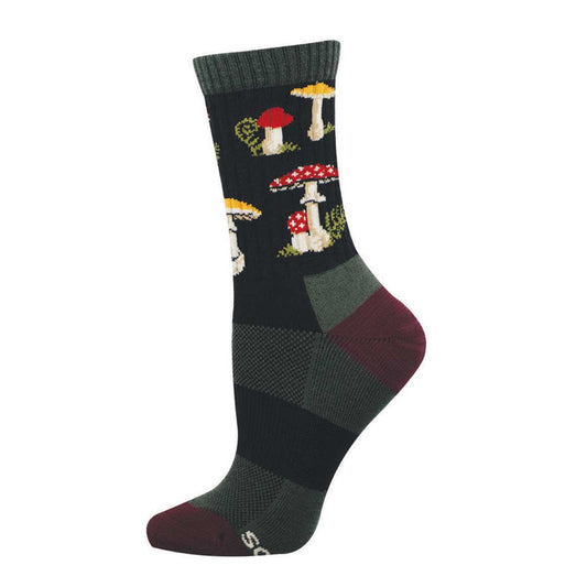 Merino Wool Sock with mushroom design on a black and green background