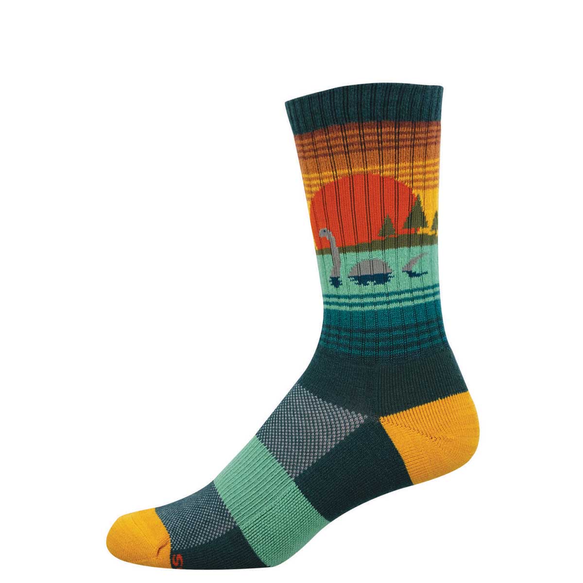 Colorful sock with a design of The Loch Ness Monster set against a sunset and trees filled background