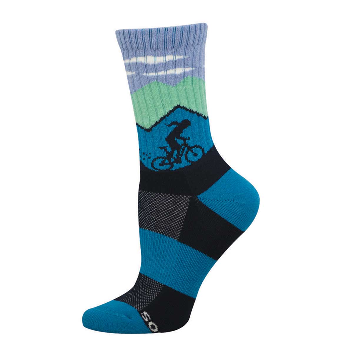 Colorful Soft Merino Wool sock with a bicycle design on a mountainous blue background