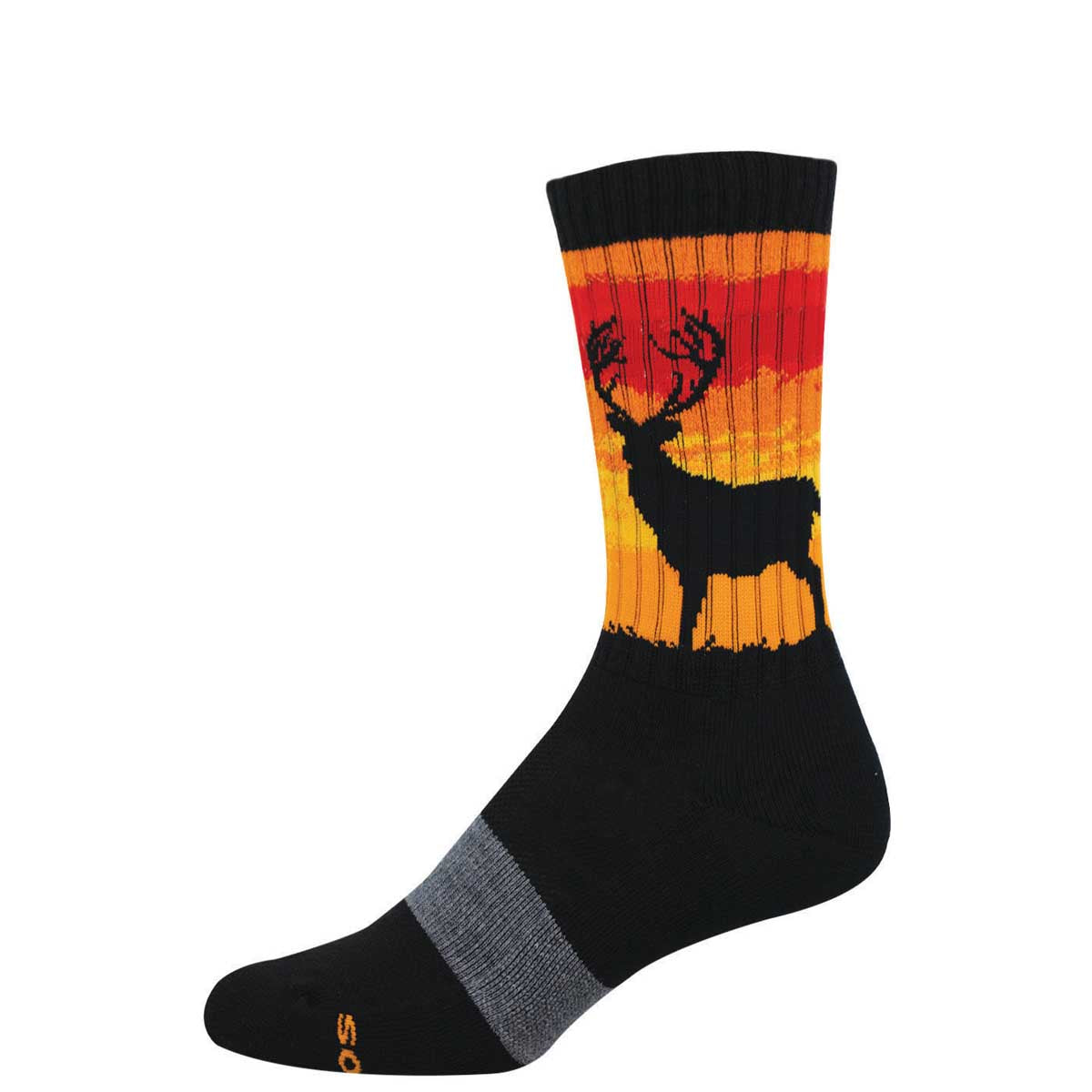 Black sock with a deer design on an orange and red background