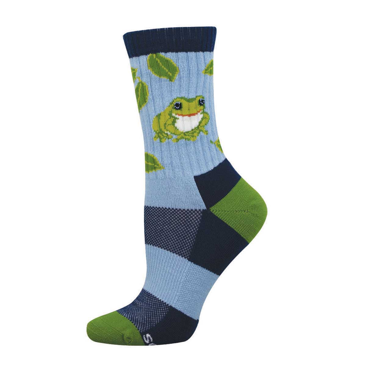 Sock with frog design on a light blue background