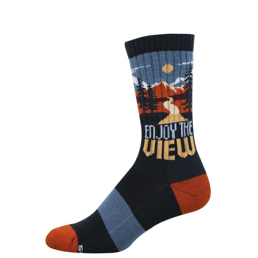 Sock with nature-themed design and 'Enjoy the View' text on a navy background