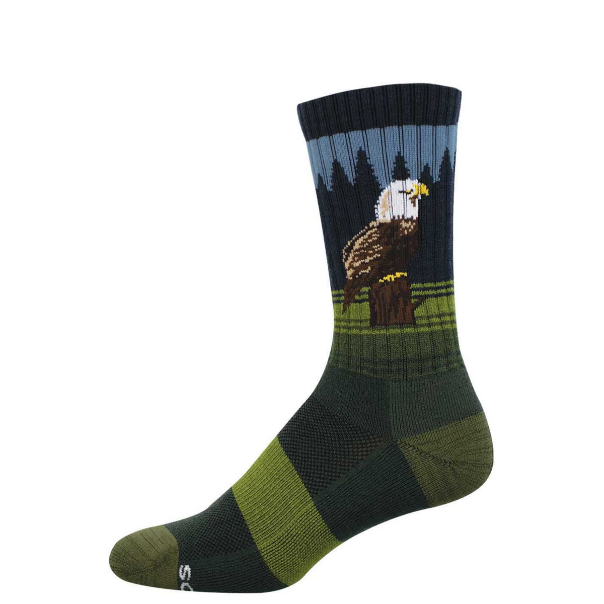 Sock with an eagle design against a forest-like background