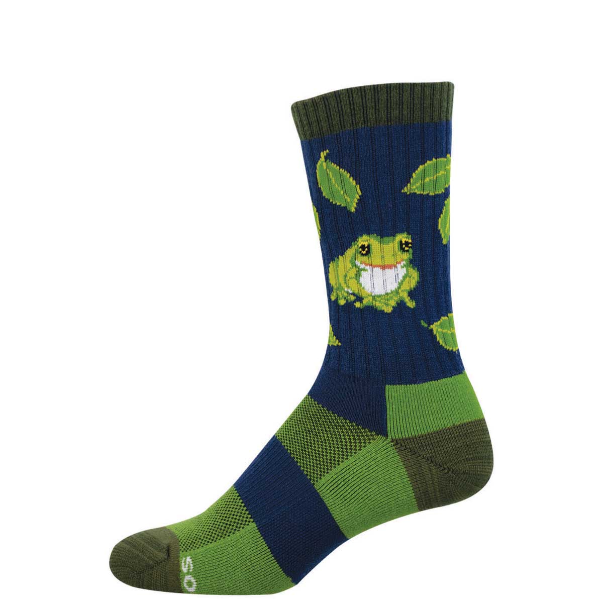 Sock with frog design on a navy blue background