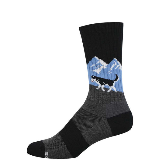Sock with mountain and dog design on a black, blue, and gray background