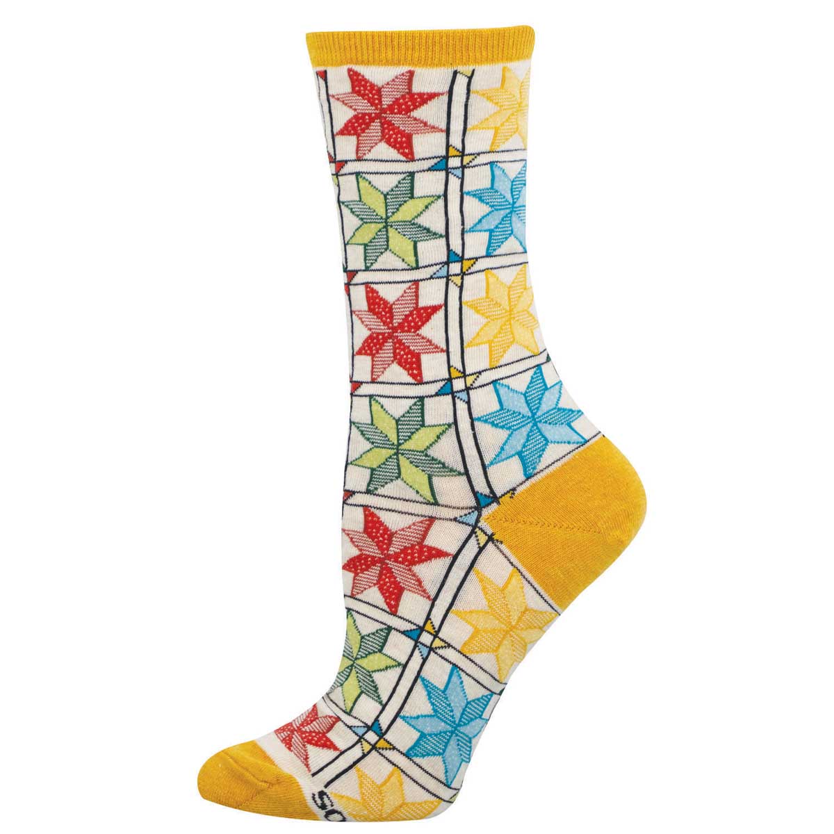 Women's Cotton Crew Socks - Star Motif with Yellow Accents - Socksmith