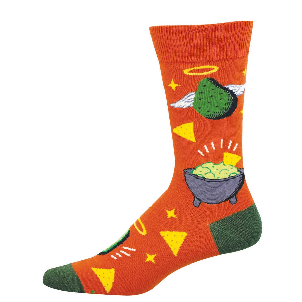 Orange sock with an avocado with a halo and wing, guacamole, and tortilla chip design. Holy Guacamole!