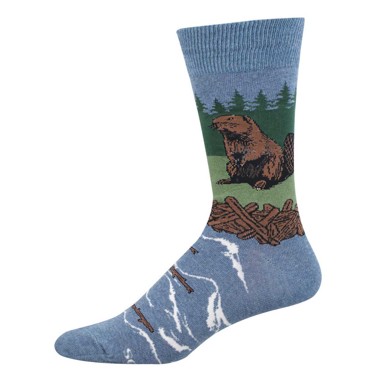 Blue sock with a large beaver and dam design