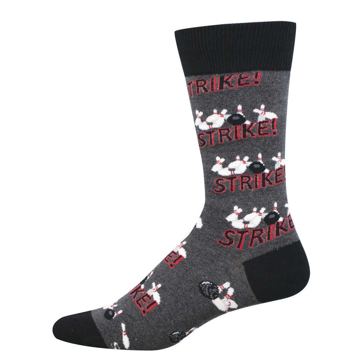 Men's Cotton Crew Socks - Bowling Design and Text "STRIKE!" On Gray Background - Socksmith