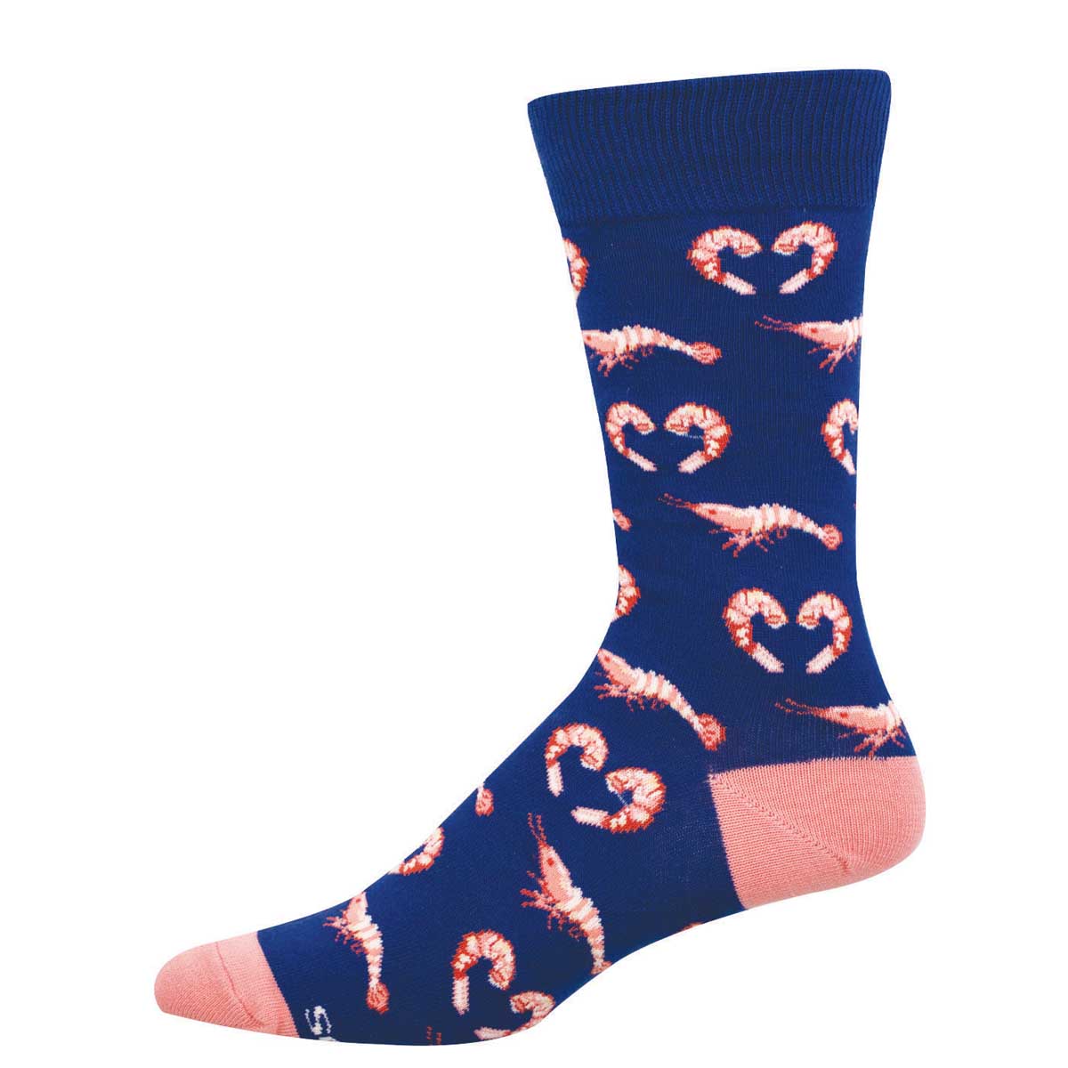 Blue sock with pink shrimp forming hearts and other poses