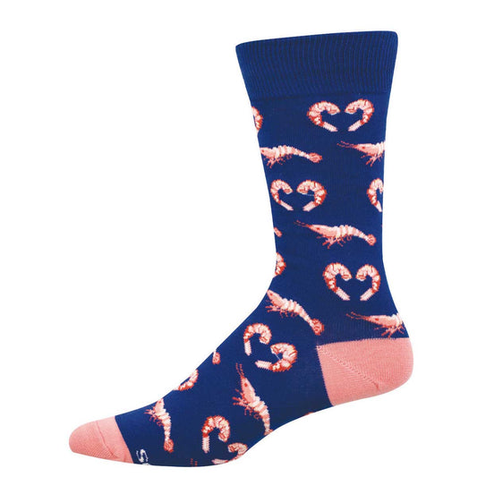 Blue sock with pink shrimp forming hearts and other poses