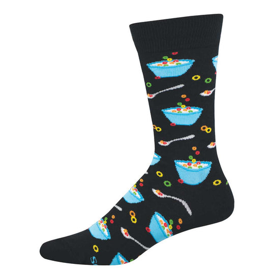 Black sock with colorful cereal bowl pattern