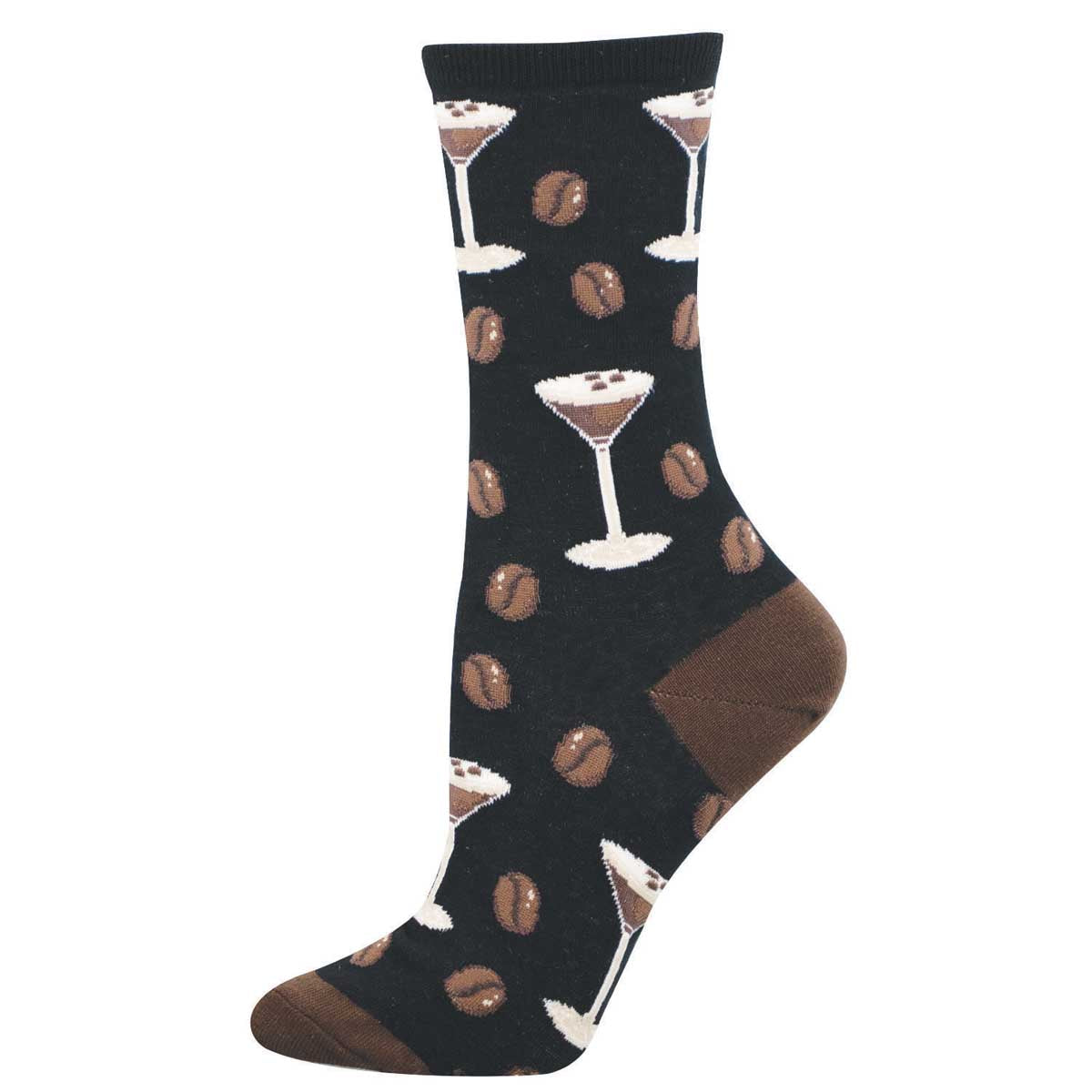 Women's Cotton Crew Socks - Espresso Martini Design - Black and Brown - Socksmith