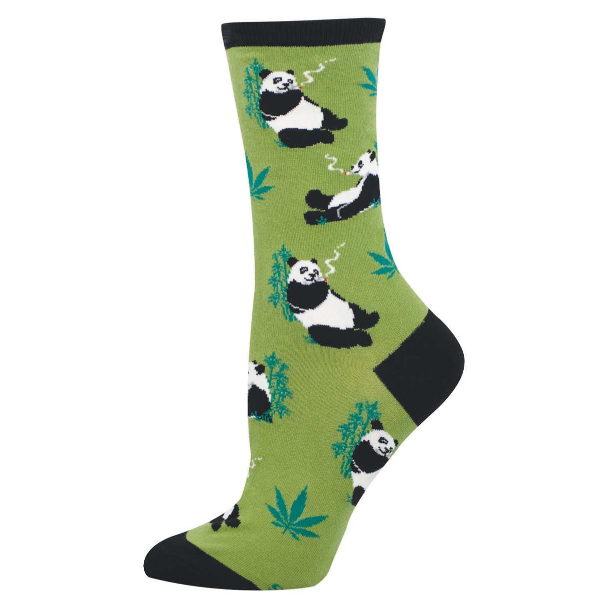 Women's Cotton Crew Socks - Funny Stoner Pandas Design - Green - Socksmith