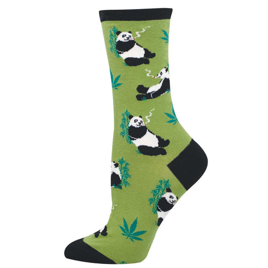 Women's Cotton Crew Socks - Funny Stoner Pandas Design - Green - Socksmith