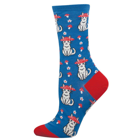 Women's Cotton Crew Socks - Cats Wearing Mushroom Hats - Blue and Red - Socksmith