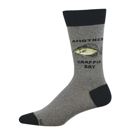 Gray sock with black accents featuring a Crappie fish graphic and 'Another Crappie Day' text