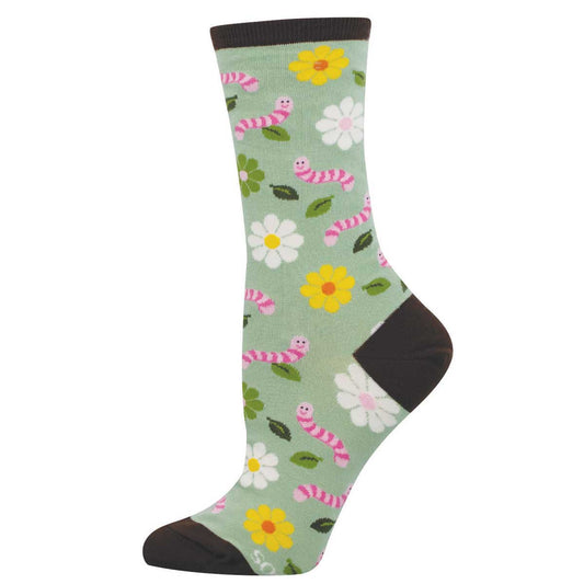 Women's Cotton Crew Socks - Floral and Worm Pattern on a Light Green Background - Socksmith