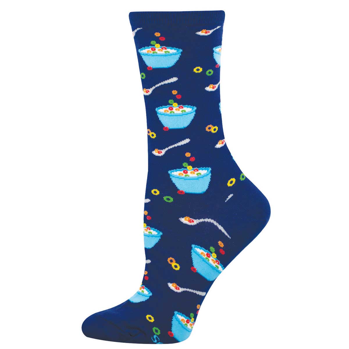 Navy blue sock with colorful cereal bowl pattern